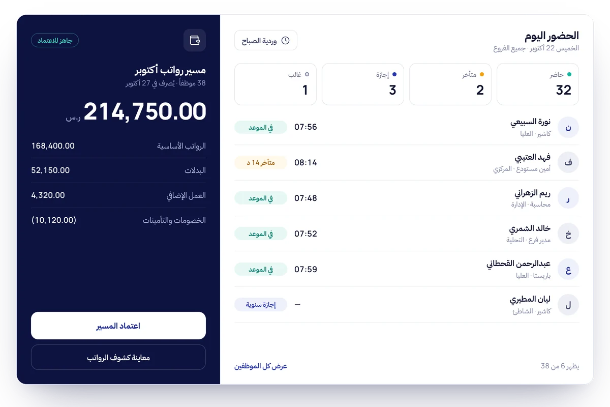 حضور الموظفين اليوم ومسير رواتب أكتوبر