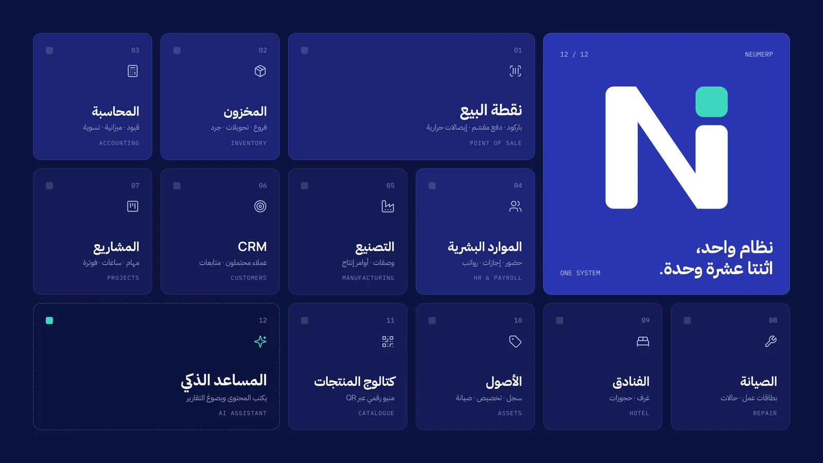 وحدات NeumERP: نقطة البيع، المخزون، المحاسبة، الموارد البشرية، التصنيع، CRM، المشاريع، الصيانة، الفنادق، الأصول، كتالوج المنتجات، المساعد الذكي